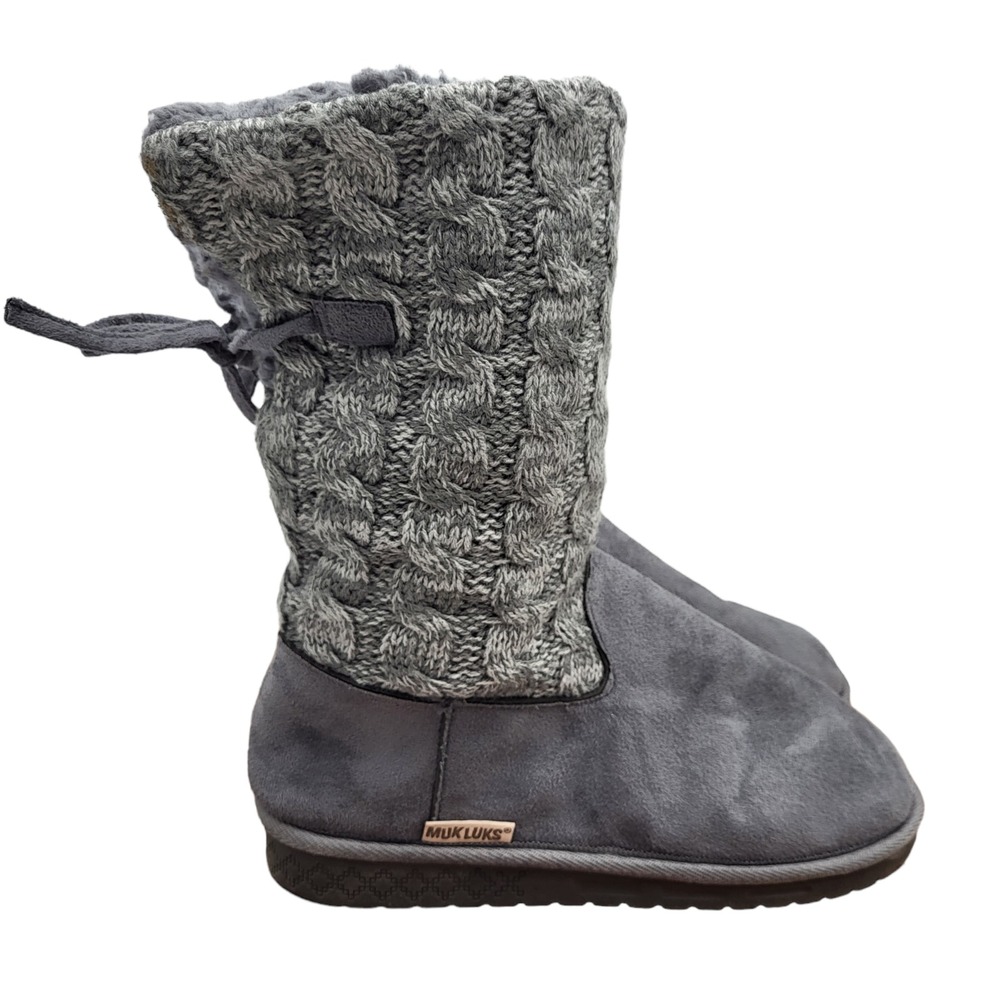 Muk Luks Winter Boots Womens 7 Gray Sklylar  Bows Fashion Mid Calf‎